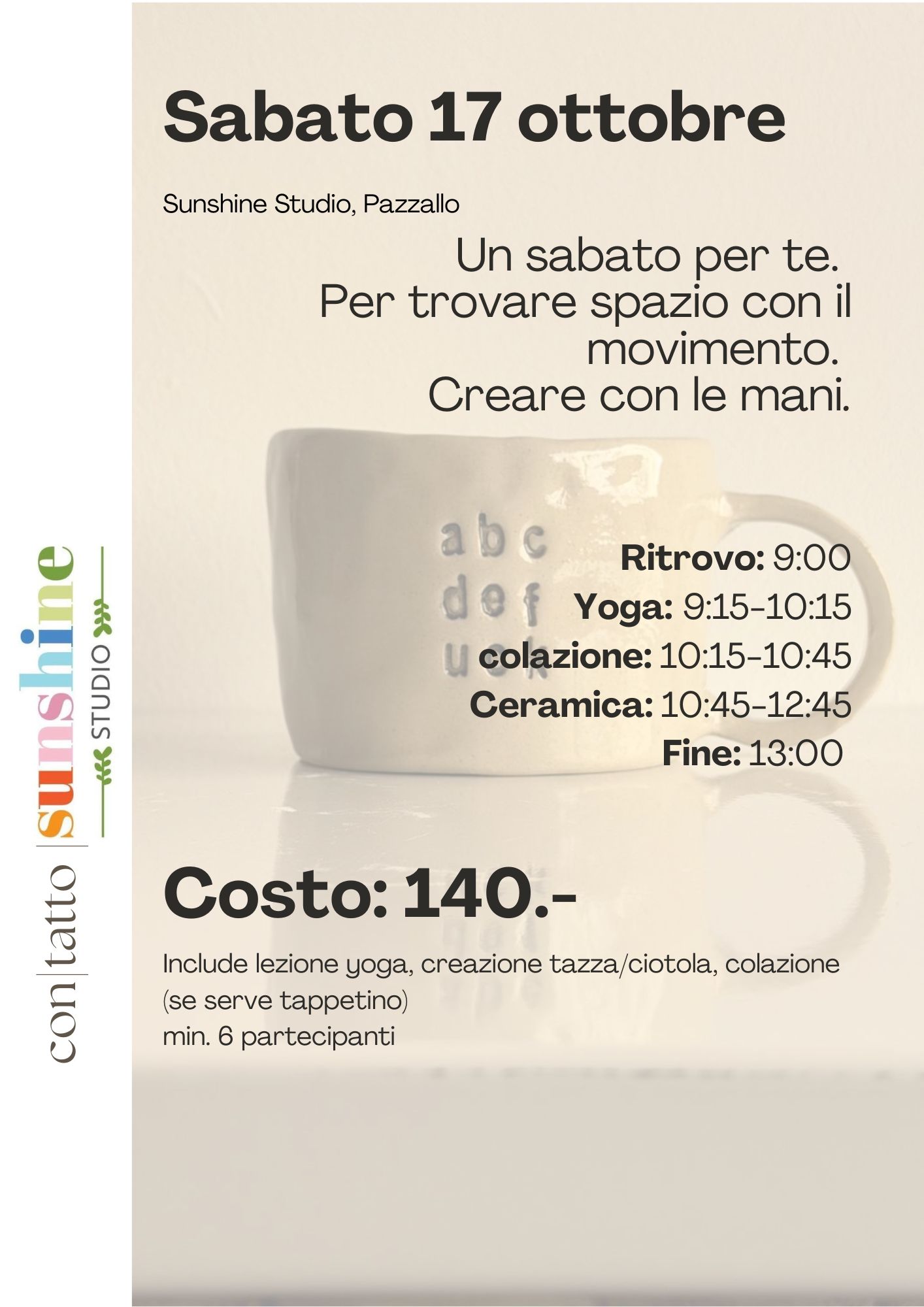 volantino yoga, colazione e ceramica a Pazzallo presso sunshine studio